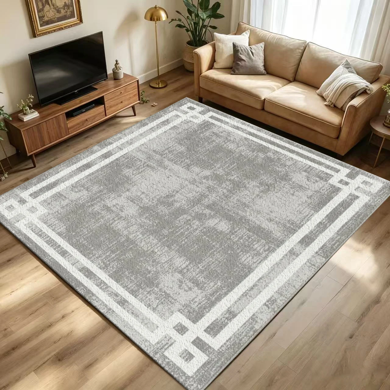 Modern Minimalist Border Area Rug Gray Distressed Faded Frame Floor Carpet for Living Room Bedroom Office Home Interior Decor