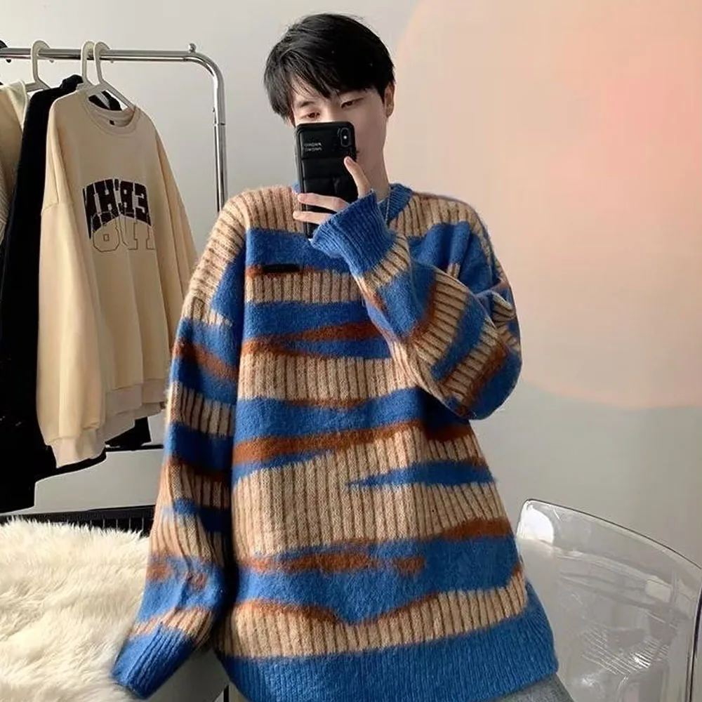 Men\'s Y2K Blue Vintage Striped Knit Knitwear Couple Sweater Sweatshirts Korean Autumn Winter Clothes Pullovers Blouse Tops Men