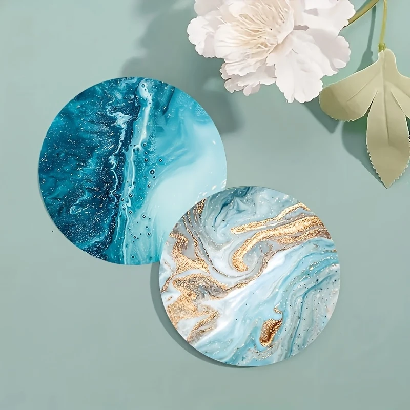 2D Flat 6pcs Blue Ocean Round Wooden Coasters & Placemats Set - Home, Cafe, Party Table Decor, Durable Drink Coasters For Home view 5