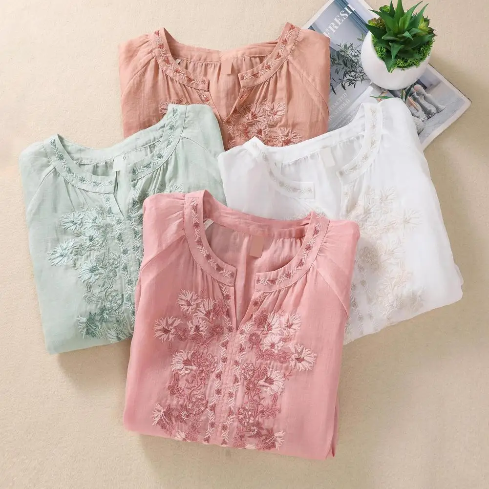 Women V-neck Shirt Mid-aged Female Women Top Elegant Floral Embroidered V-neck Blouse for Women Stylish Three Quarter Sleeve Top