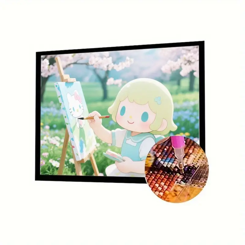 

1 шт. 5D Full Drill Diamond Painting Kit - Очаровательная картина художника из мультфильма «Hello Kitty in a Serene Spring Cherry Blossom Gar