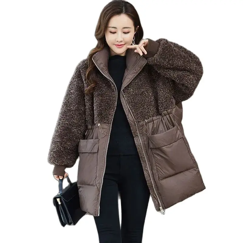 Women Winter Coat Jacket Warm Down Cotton Parkas 2024 High-end Lamb Plush Splicing Overcoat Female Loose Large Size Outcoat