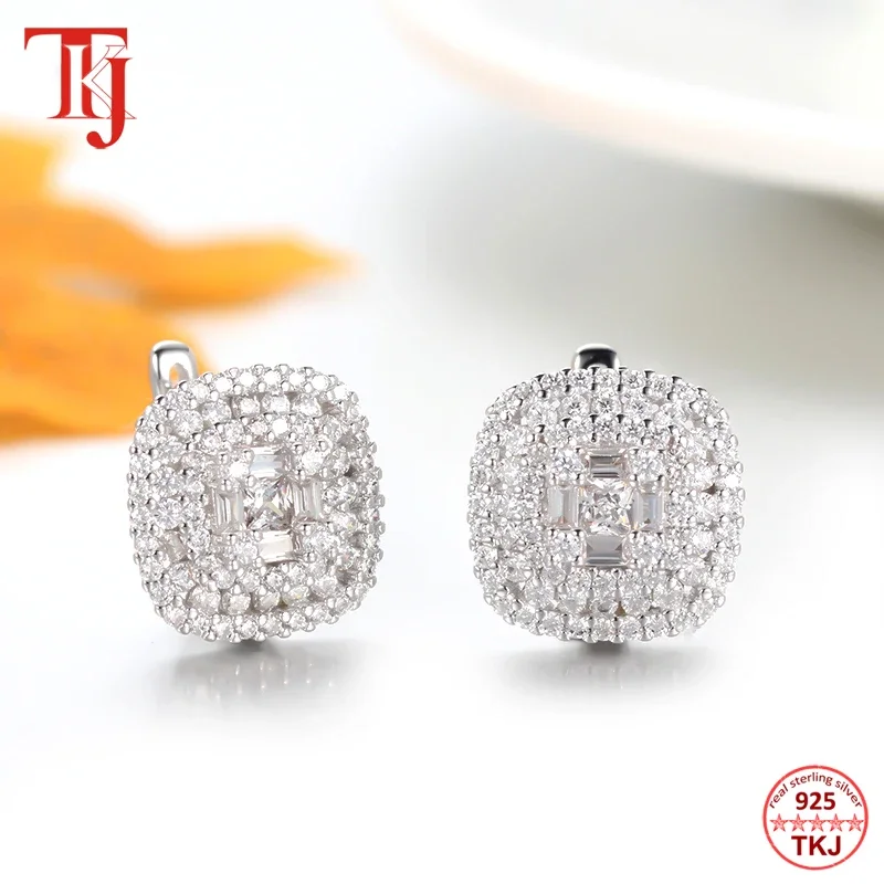 

TKJ S925 Sterling Silver Women's Stud Earrings Full Pavé CZ Zircon Earrings Women's Party Wedding Engagement High Jewelry