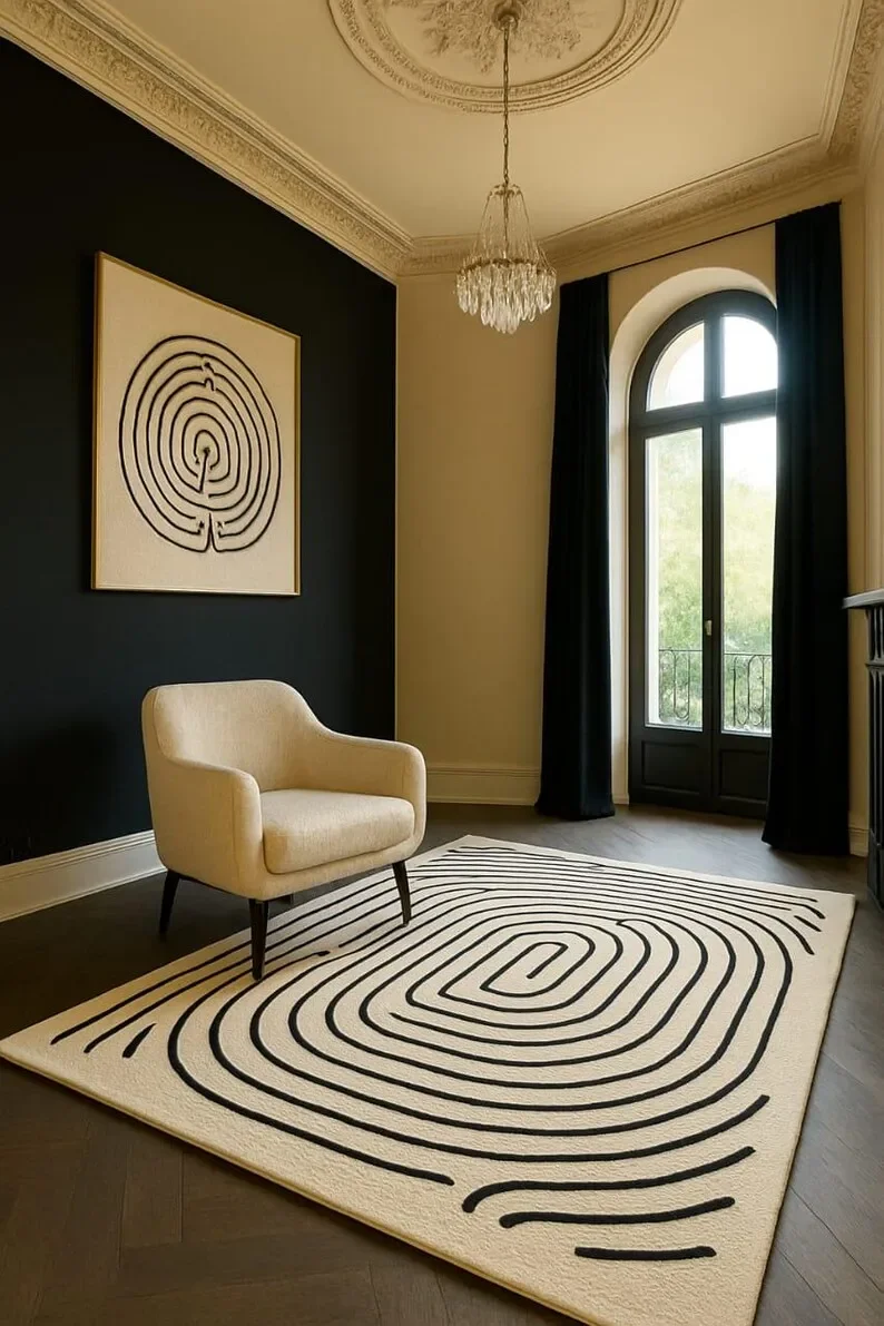 HD-Abstract Line Art Rug – Nordic Labyrinth Floor Mat for Home Decor- black and white rug dining room rug