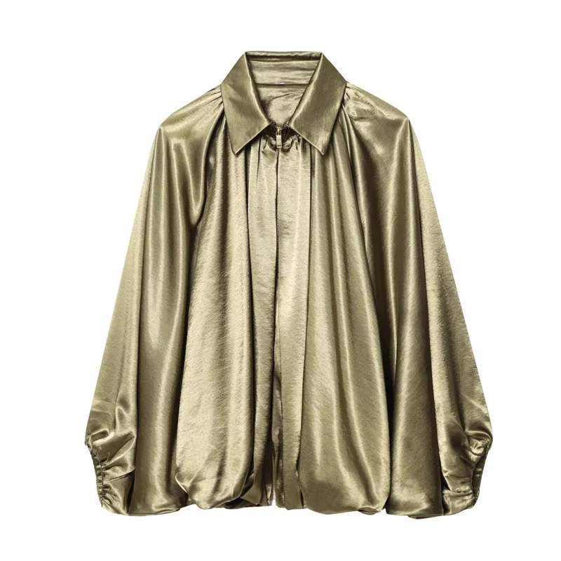Dames Bomberjack Lange mouw Plooien Street Wear Met Rits Groen Beige Vintage Oversize Zip Up Casual Zomerjas Dames