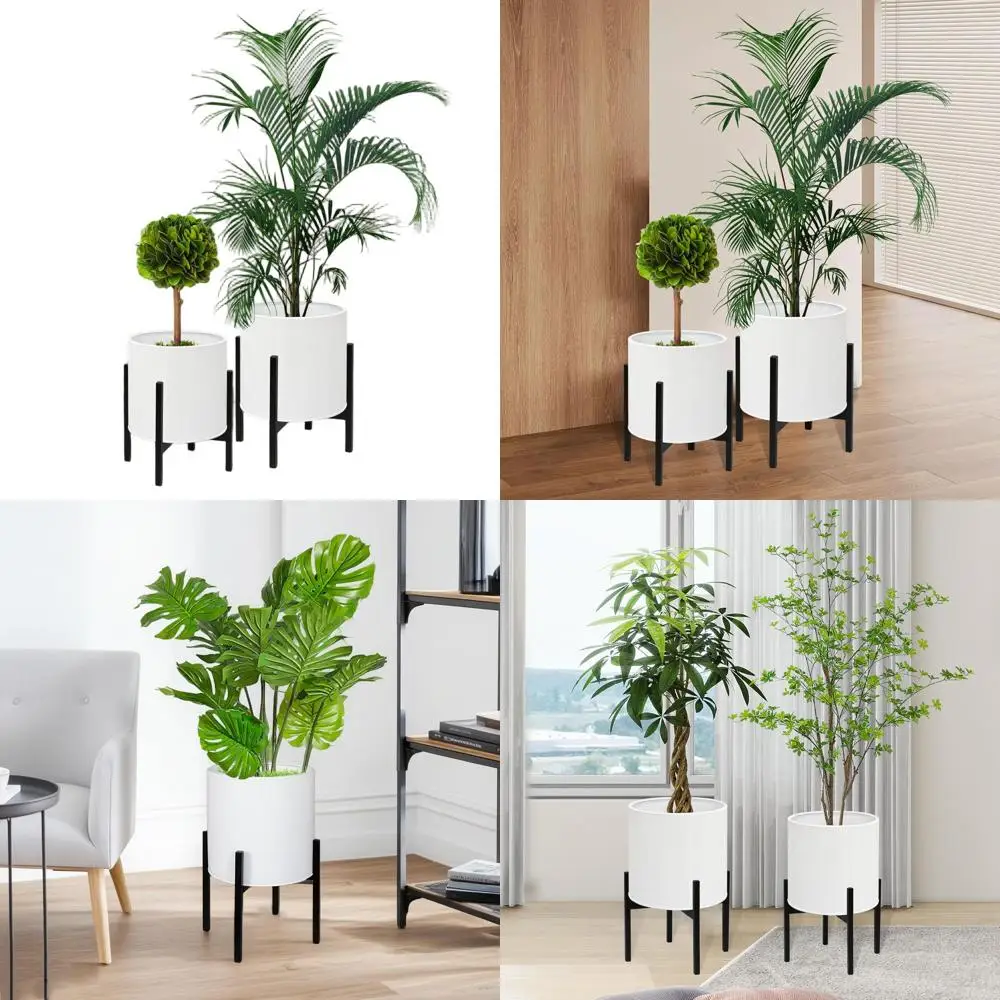 

Pair of Large Metal Planters with Stand, White, 8.25 & 10.5 Inch, for Indoor or Outdoor Use