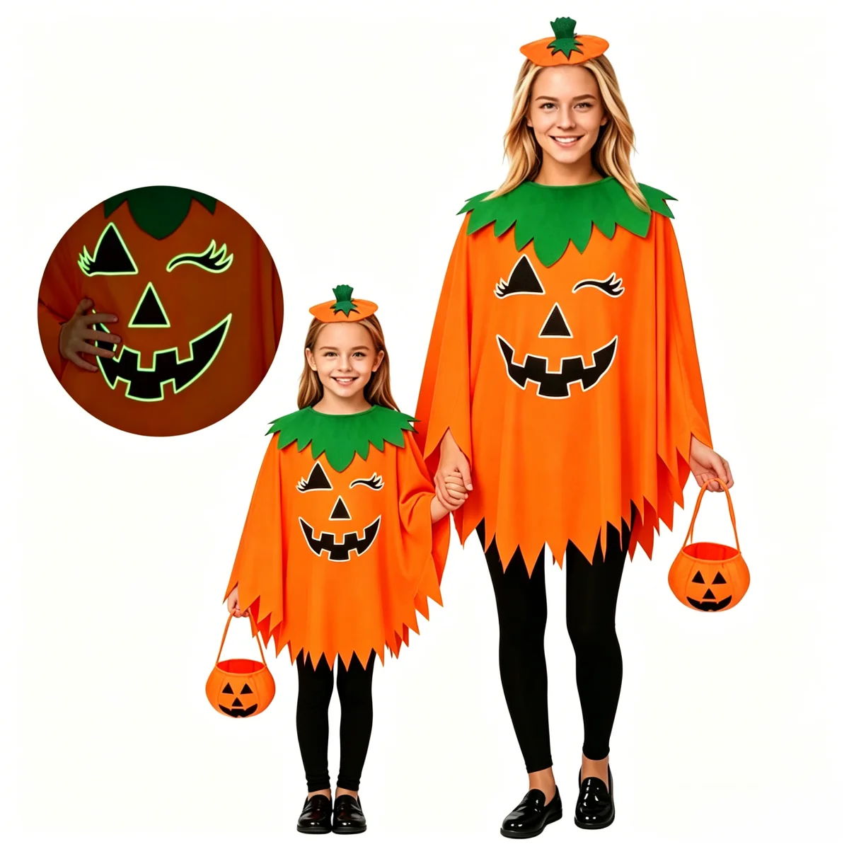 Halloween Pumpkin Kids Cape Girls Boys Glow In Dark Face Print Poncho with Bag Headband Family Matching Clothes