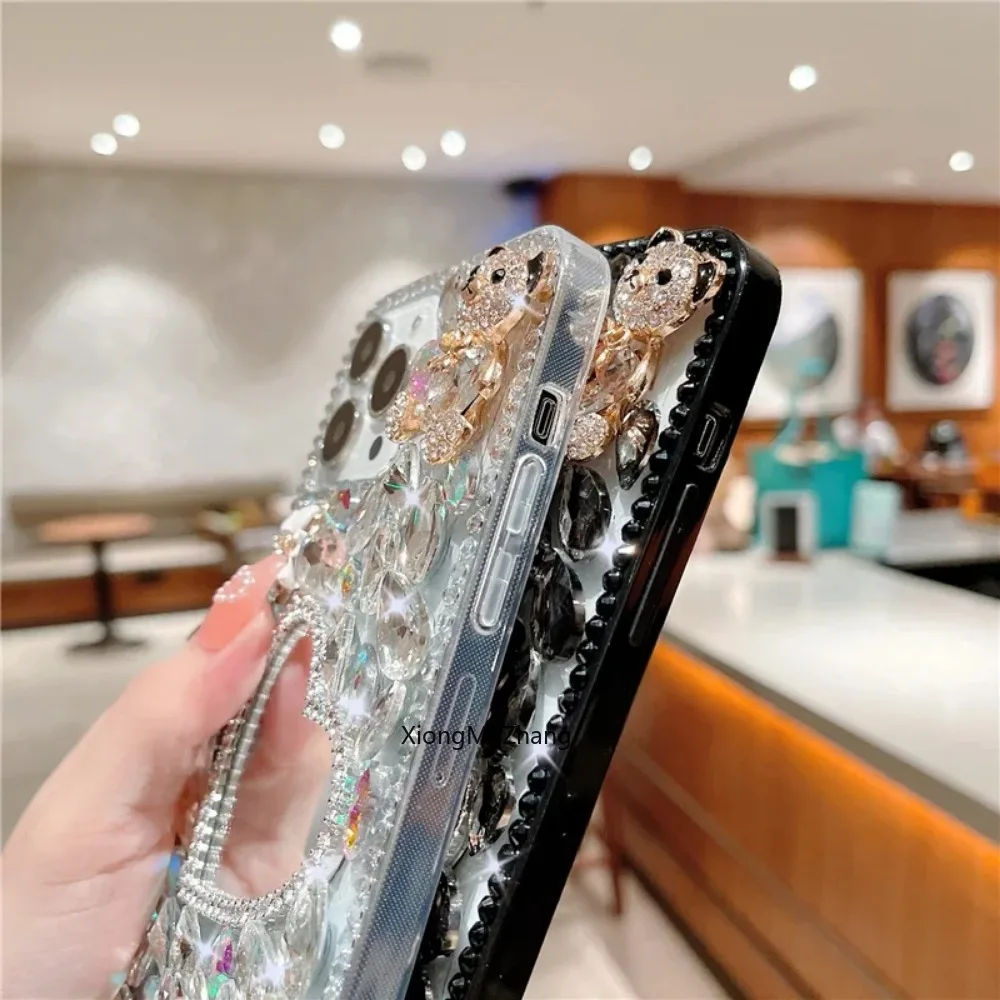 3D Bear Diamond Mirror Hand Strap Custom Case for Samsung S9 Plus S8 Plus S7 Edge for Galaxy Note 20 Ultra 10 Pro 10 Lite 9 8