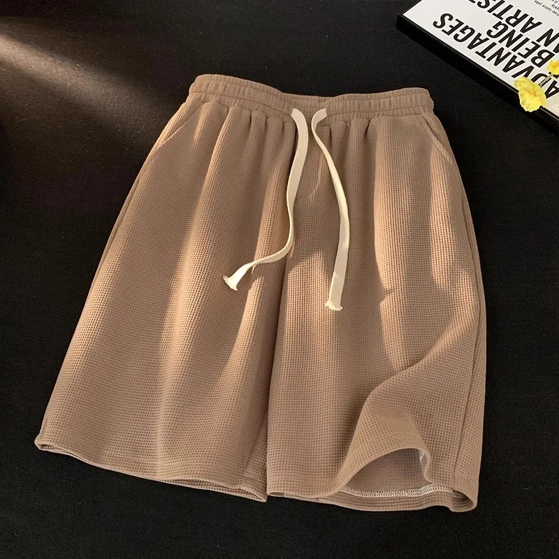 

Вафельные шорты цвета хаки, мужские летние тонкие свободные повседневные спортивные брюки, модные брендовые тяжелые шорты пяти дюймов