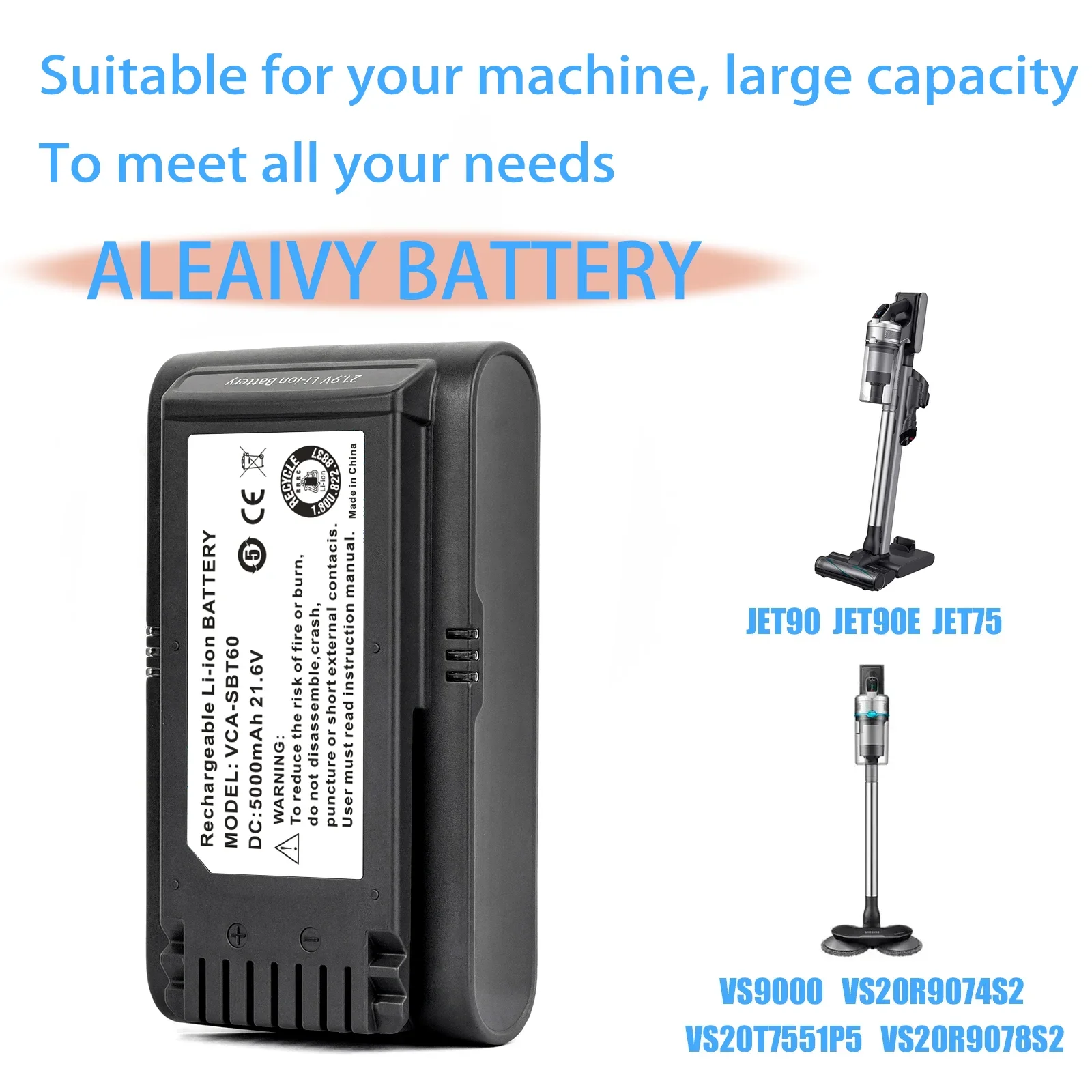 VCA-SBT90 Vacuum Cleaner Battery 5000mAh High Capacity Replacement for Samsung JET75 JET90 JET90E  VS20R9074S2 Cordless Vacuums