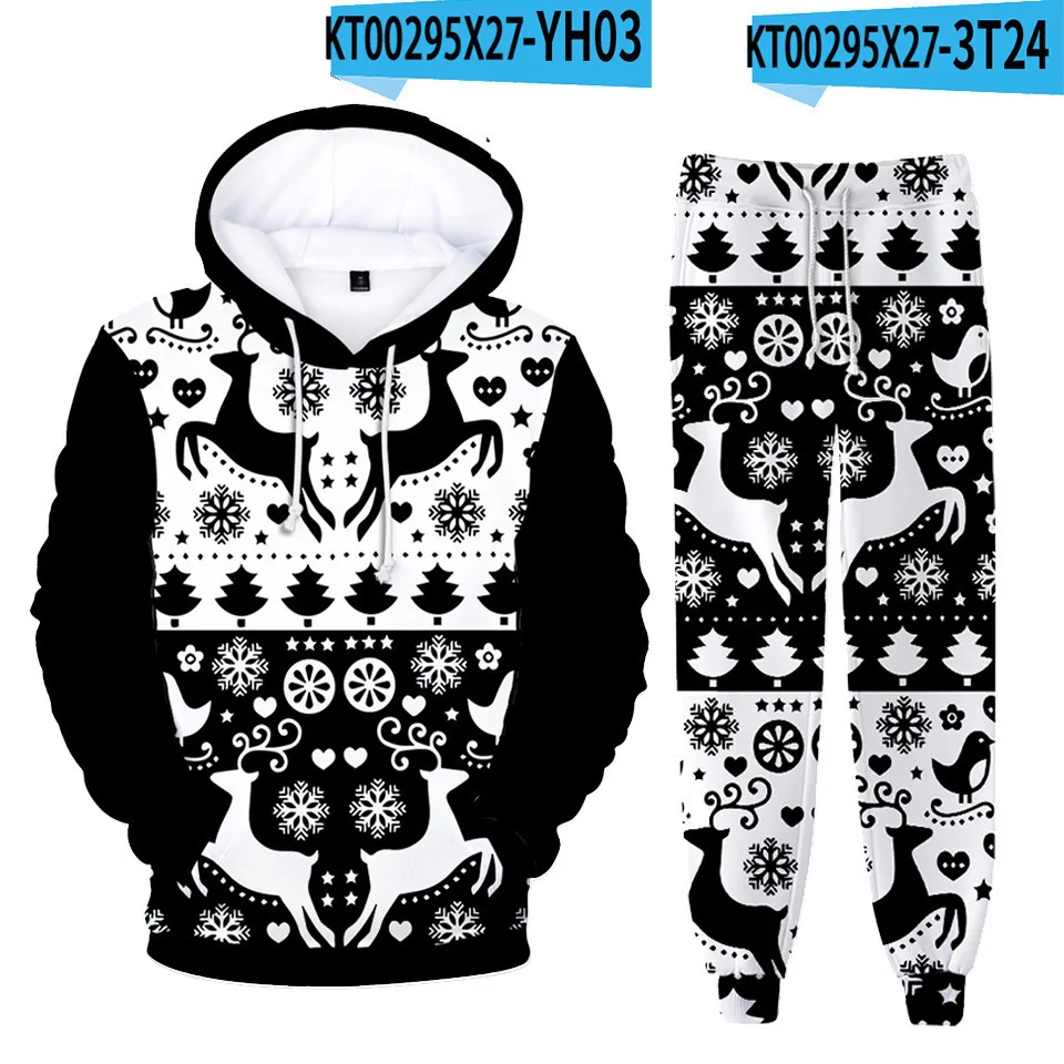 3D Print Hoodie Sets For Men Women Christmas Deer Santa Claus Tracksuit Pants 2Pcs Suits Oversized Kids Pullover Couple Clothing