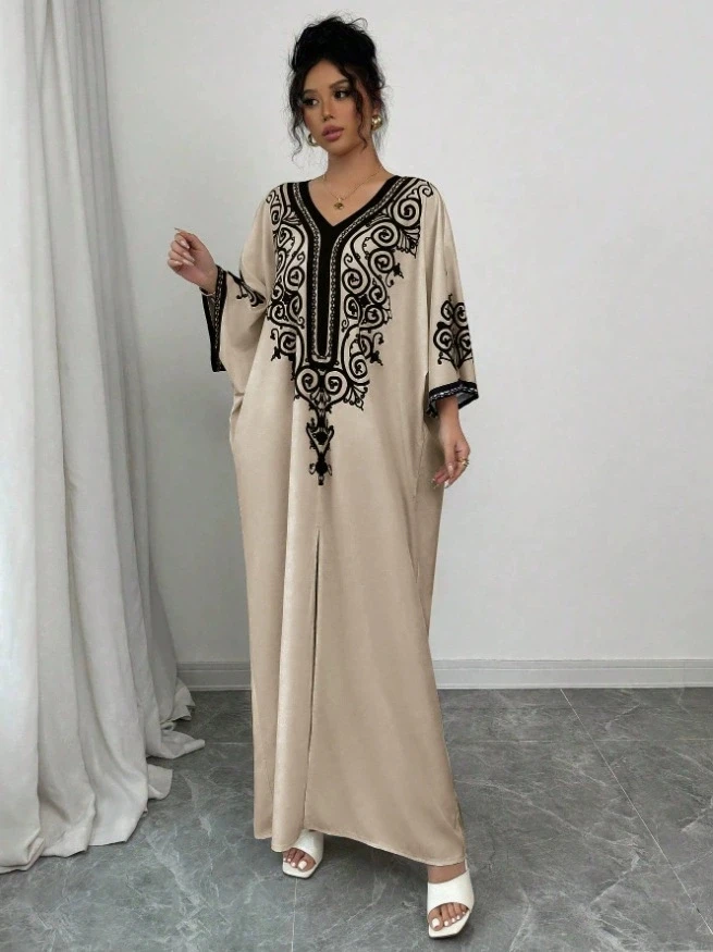 

Summer Long Dresses for Women V Neck Chiffon Print Beach Jalabiya Dress Muslim Abaya Maxi Robe Bat Sleeve Caftan Party Vestidos