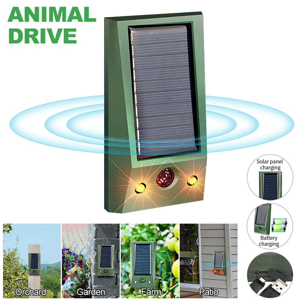 Ultrasonic Animal Repeller Solar Powered USB Rechargeable Battery Bird Cat Dog Bat Mouse Pest Repellent Animal Warning Scarer