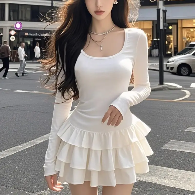 Mini robe en Patchwork pour femme, couleur unie, col rond, manches longues, mode coréenne plissée, Slim, t-shirt, vêtements pour femmes, automne