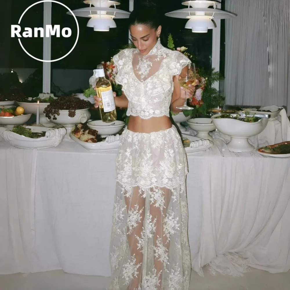 Ranmo Two Piece High Neck Floral Lace Maxi Dress Elegant Sheer Mesh Crop Top Skirt Set For Wedding Reception Cocktail Party 2026