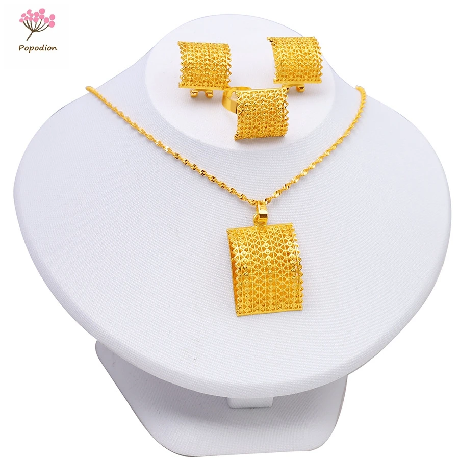 Dubai 24K Gold Plated Jewelry Set Women's Wedding Necklace Earrings Ring Three Piece Set YY10470