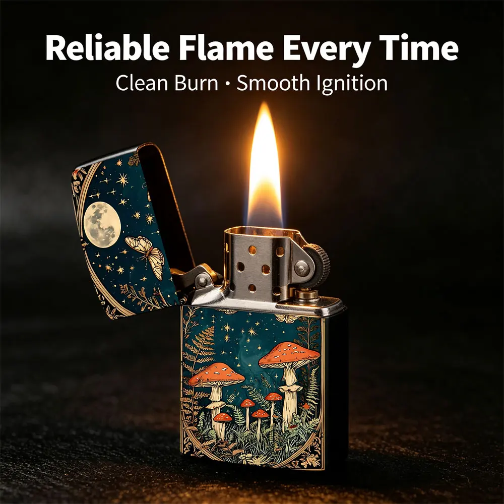 Pocket Lighter, Flip-Top Windproof Design, Metal Shell, Night Sky Mushroom & Butterfly Print, Comfortable Grip, Portable & Durable