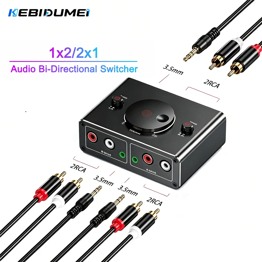KEBIDUMEI 3.5mm RCA Stereo Bi-Directional Audio Switcher 1 in 2 Out or 2 in 1 Out 3.5mm 2RCA Audio Switcher with Mute Button
