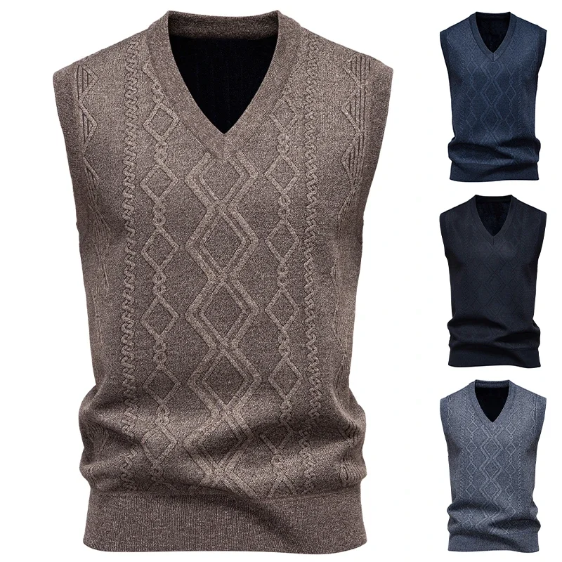 Men's Knitted Warm Sweater in Autumn and Winter V-neck Vest Diamond Grid Twisted Flower Casual Fashion Versatile Top