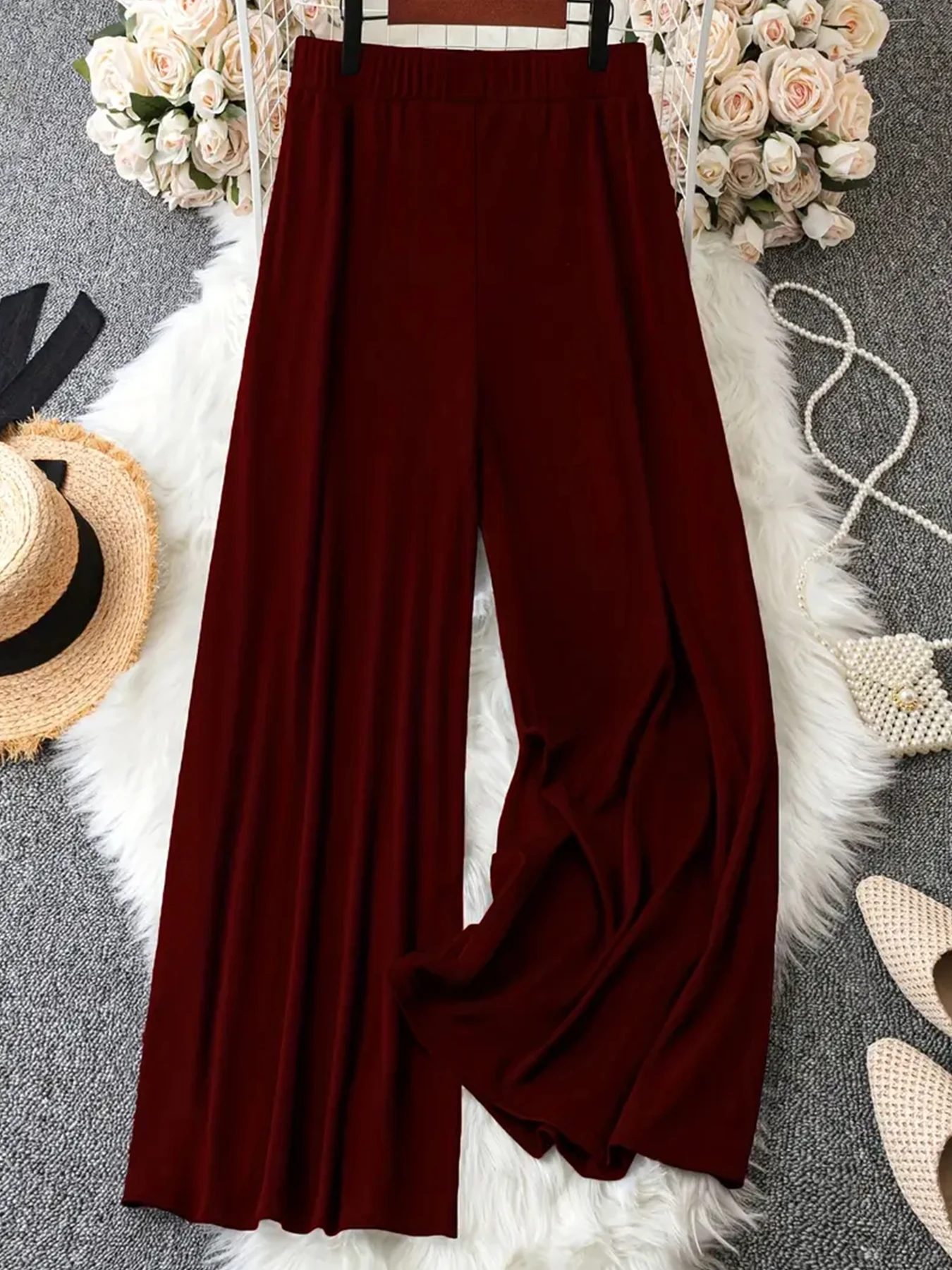 بنطال نسائي عالي الخصر واسع الساق بلون سادة، بنطال كاجوال فضفاض ومريح مع أزرار زخرفية عصرية