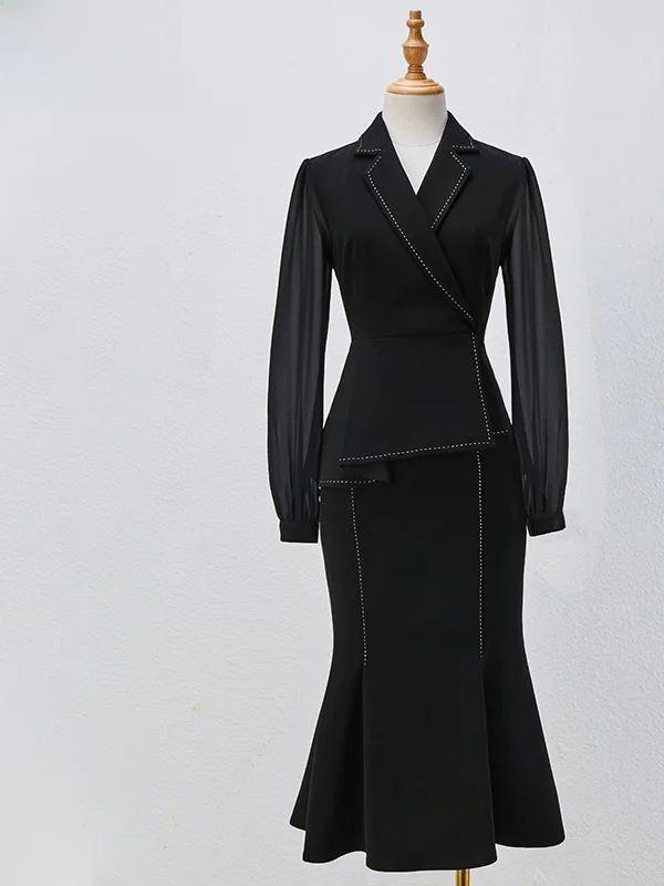 

Elegant Black Suit Dress Women's Design Sensation Spring Autumn High Waist Workwear Fitted Gown V-Neck Long Sleeve Commute Style