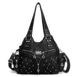 Angelkiss Women PU Shoulder Bag Casual Rivets Bag Hobo Messenger Handbag Satchel Large Tote Bag