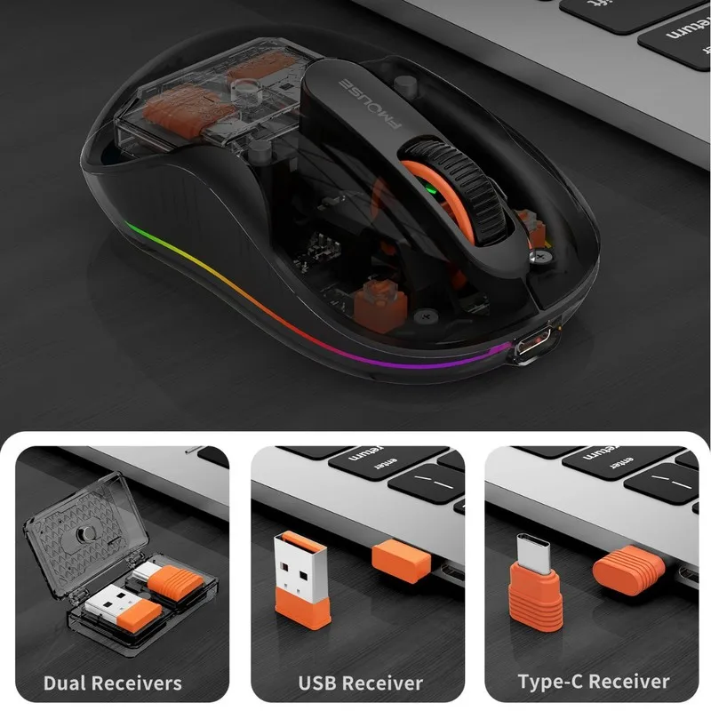 Fmouse Ergonomic Transparent Tri Mode Wireless Mouse Rechargeable Silent With Dual Usb Type C Receivers For Laptop Office Gift