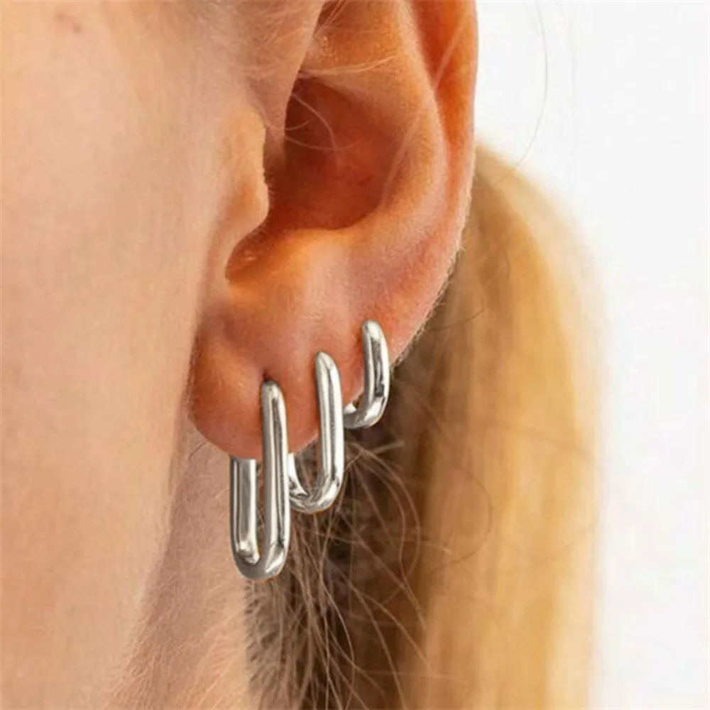 3pcs Pun Style Geometric Ellipse Hoop Earrings for Women Men Personality Design Hip Hop Rock Party Jewelry Set Accessory Gift