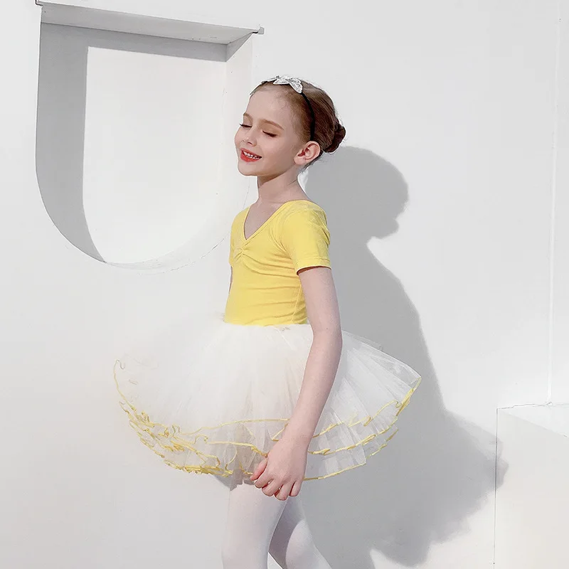 Girls Summer Short Sleeve Ballet Dance Clothes Yellow Split Training Outfit White Half Skirt Kids Gymnastics Practice Costume
