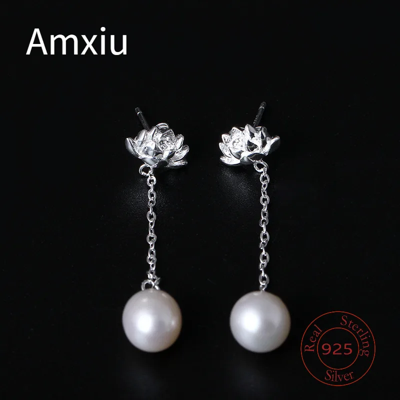 Amxiu Sterling Silver 925 China-Chic Fashion Luxury Lotus Earrings Female Simple Freshwater Pearl Flower Earline Earrings