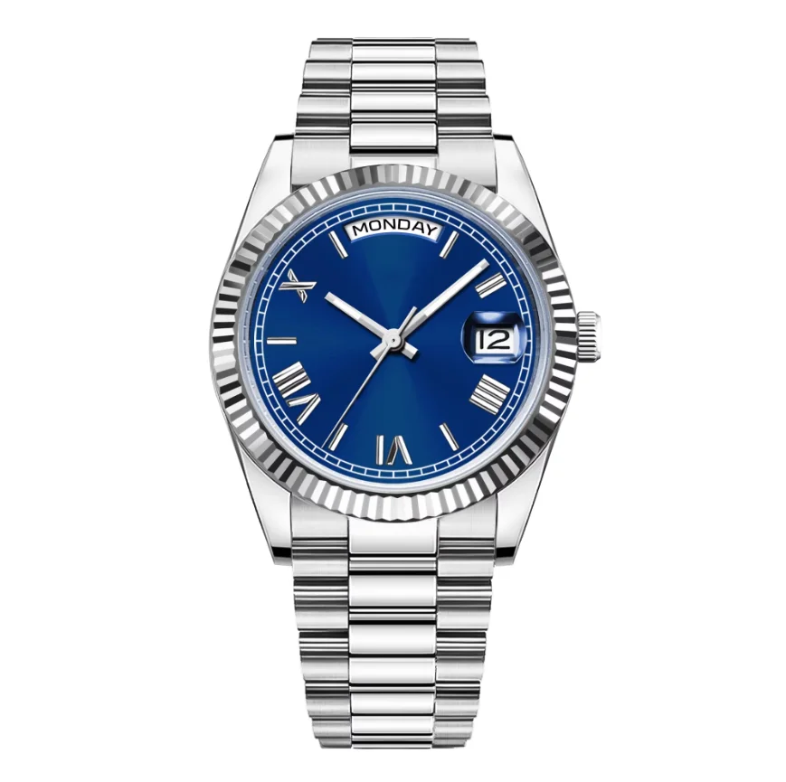 39mm Men's Watch Custom LOGO Automatic NH36 Movement Sapphire Crystal Date Dual Calendar Mechanical Wristwatch President Strap