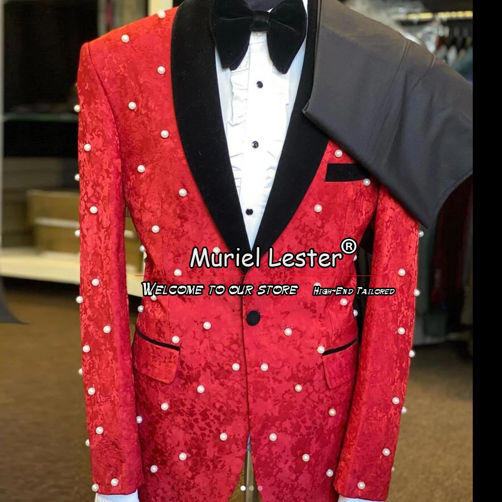 

Red Floral Suits Men For Wedding Handmade Pearled Black Lapel Jacket Pants 2 Pieces Sets Groom Tuxedos Formal Prom Party Blazer