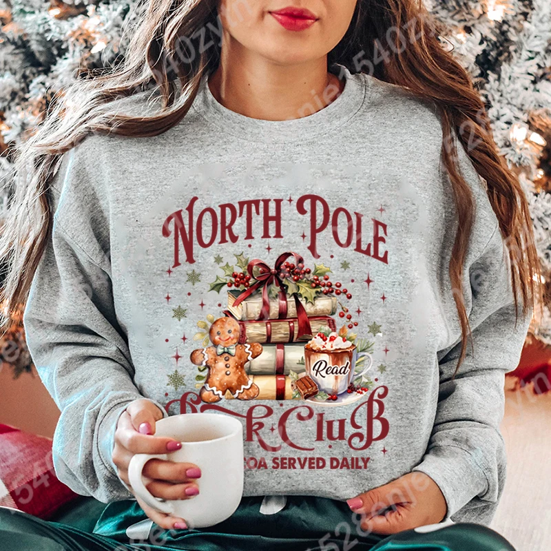 Christmas North Pole Book Club Hoodless Sweatshirts New Fashion Women's Clothes Casual Long-sleeved Winter Autumn Pullovers Tops