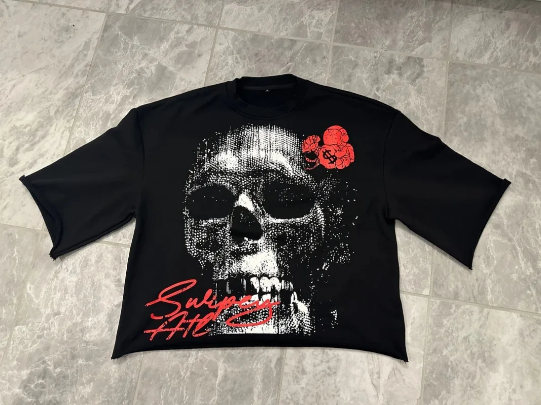 New High Street Retro Rock Skull Print Oversized T-shirt Harajuku Gothic Punk Style Graphic Top Men Y2K Trendy Brand Streetwear