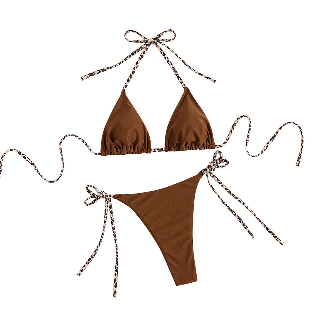 S - XL Halter Bikini-Set mit Leopardenmuster und Riemchen, zweiteilig, Damen-Badeanzug, Badebekleidung, String-Bikini, Badeanzug, Bather Swim V7540 – Detail 5
