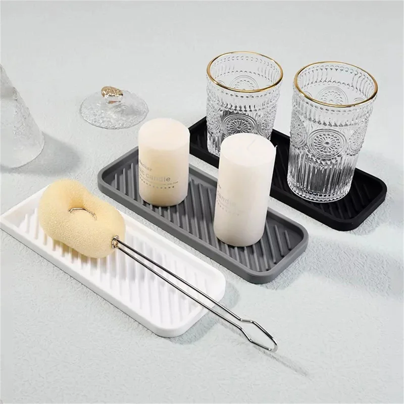 Countertop Silicone Tray Kitchen Seasoning Bottles Storage Tray Bathroom Soap Dish Dispenser Toiletries Drain Pad Organizer