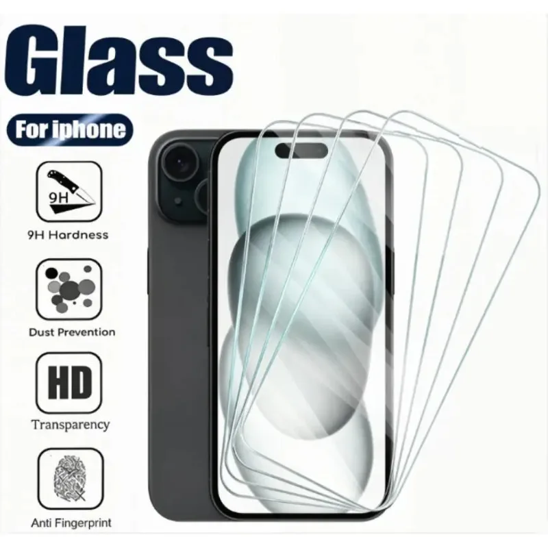 4 Piezas de Cristal Templado para iPhone 17 16 15 Pro Max 14 Plus 12 13 mini XS X XR 11 8 7, Protector de Pantalla de Vidrio