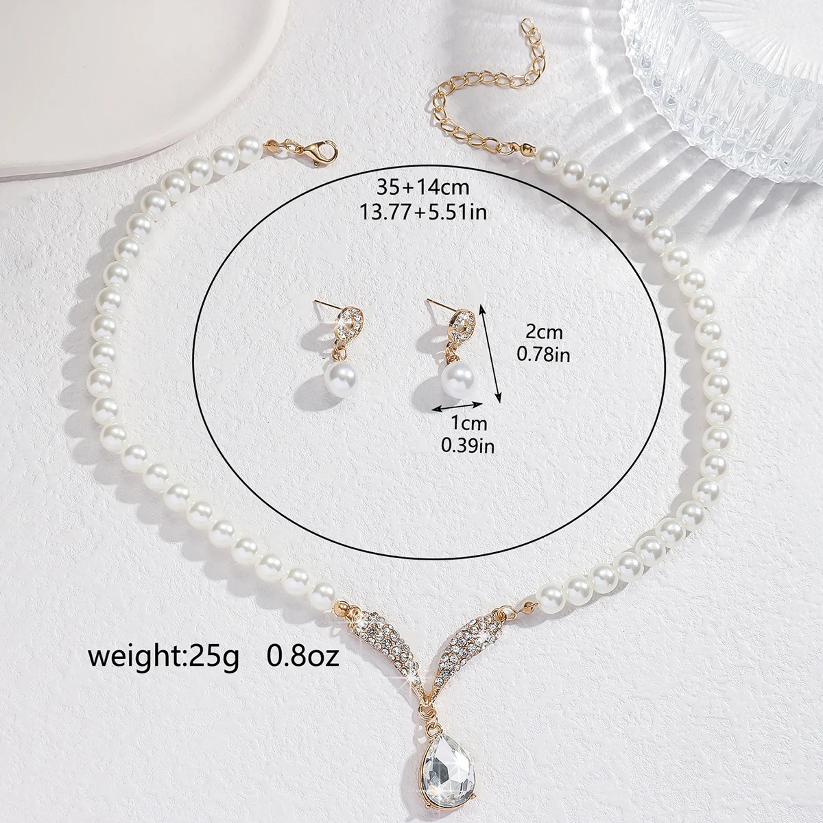 3PC Women\'s Fashion Trend Pearl Droplet Necklace Earrings Jewelry Set Wedding Banquet Party Festival Gift