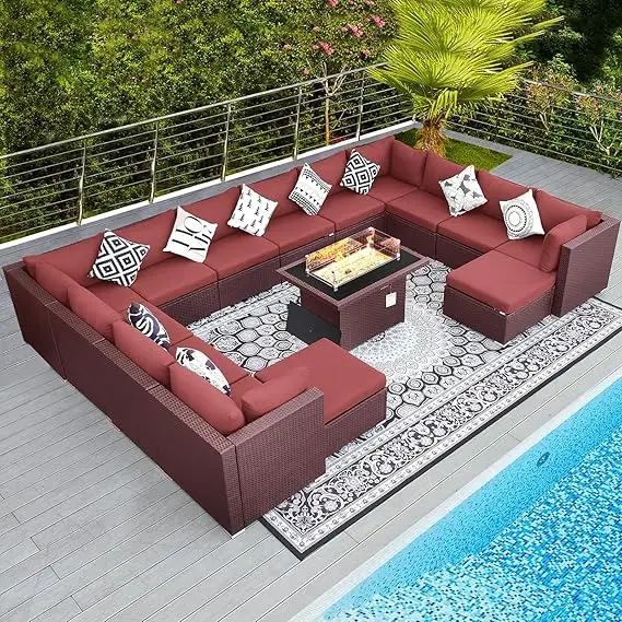 PE Wicker Patio Furniture Sectional High Back Large Size Sofa Sets with Propane Fire Pit Table Lounge Conversation for Outdoor