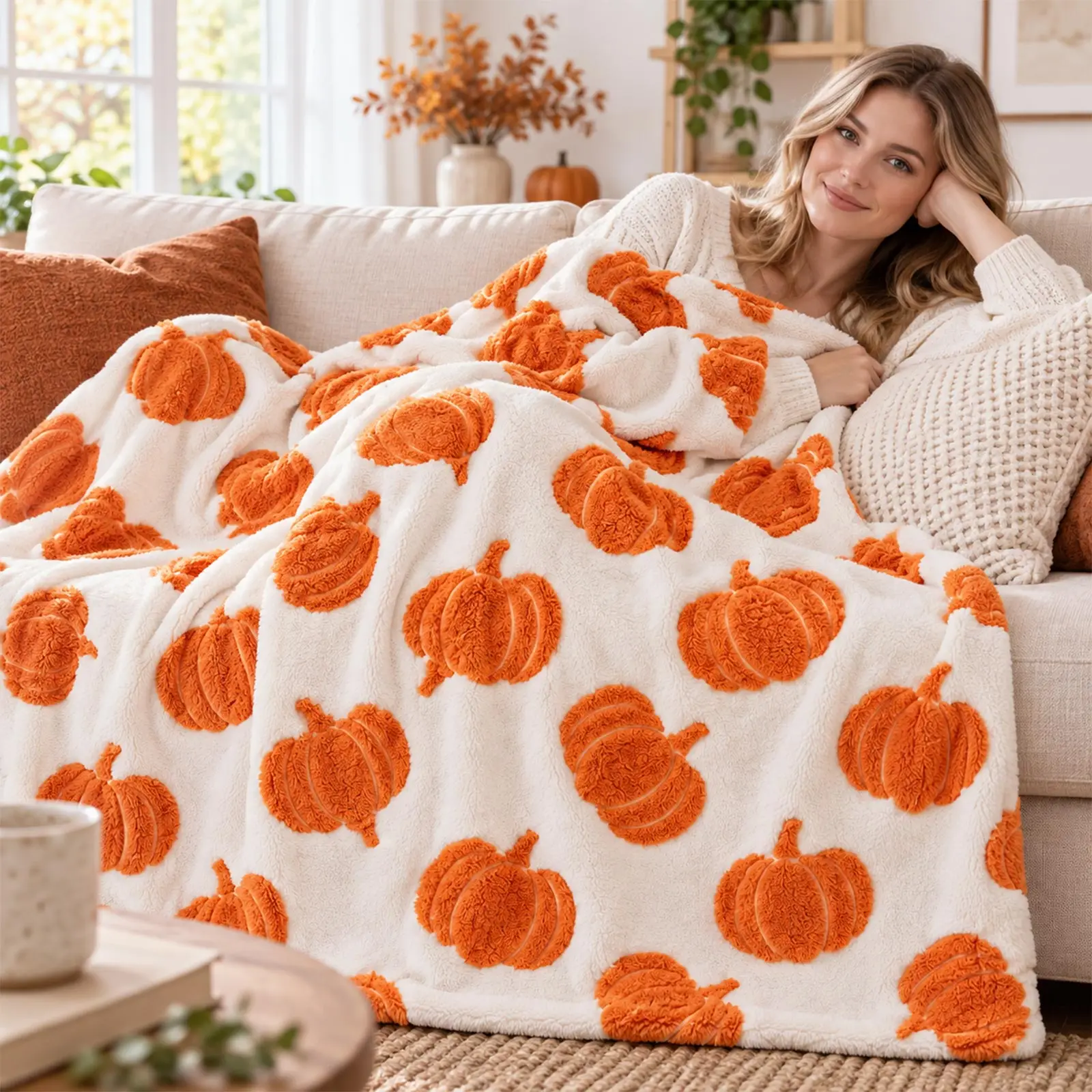 Soft Warm Pumpkin Velvet Throw Blanket Autumn Sofa Bed Cover Rustic Farmhouses Couch Lap Blanket Home Decorations