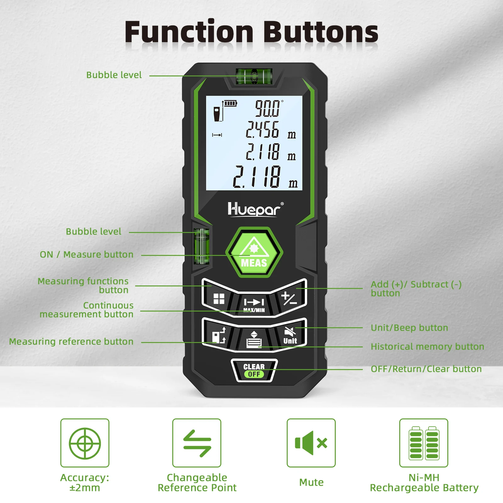 Imagem -05 - Huepar-laser Rangefinder Medidor de Distância a Laser High Accurate Laser Range Finder com Múltiplas Funções de Medição 50m 100m 120m