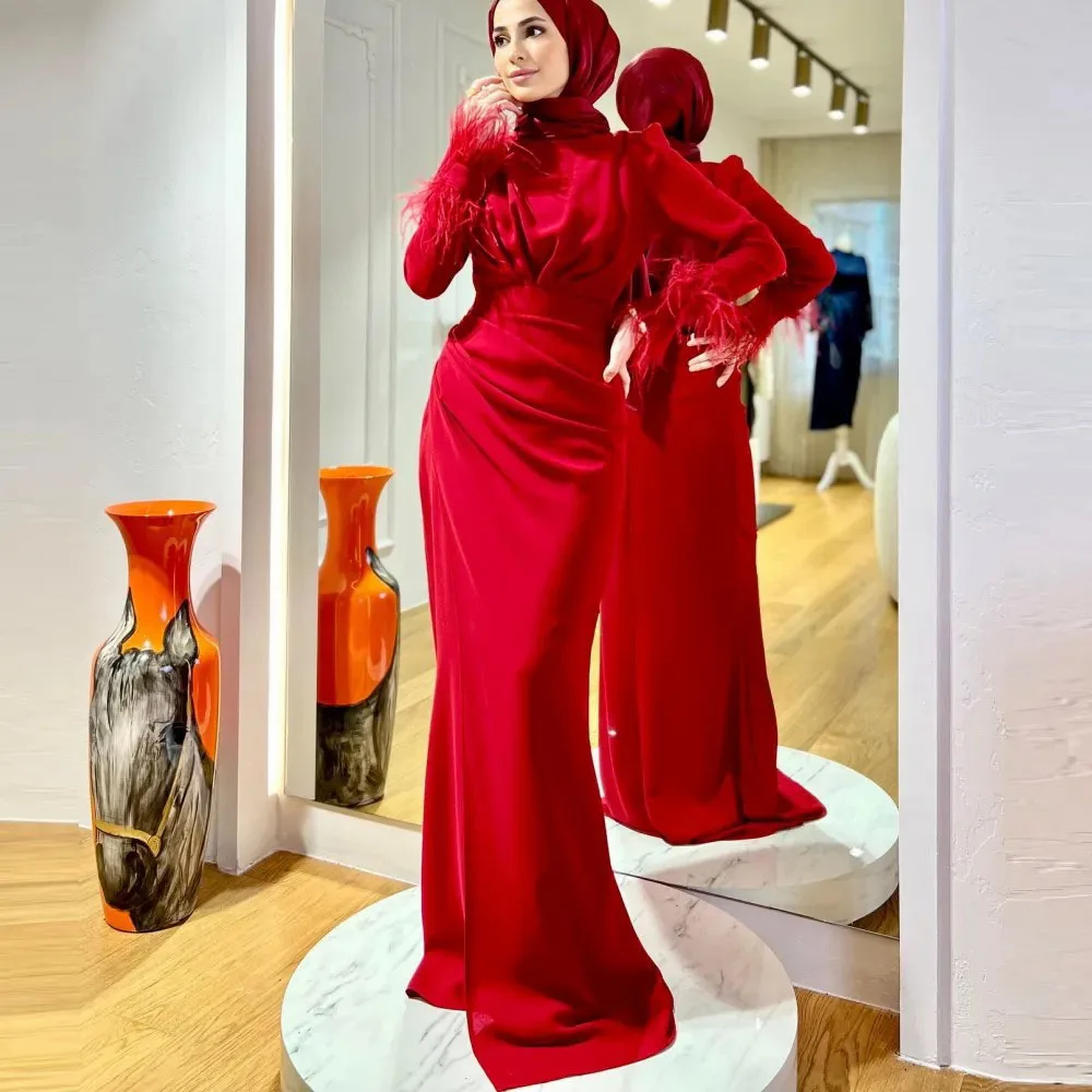 

Modest Arabic Muslim Evening Dresses 2024 High Neck Long Sleeve Mermaid Formal Party Gown Long Red Elegant Prom Dress