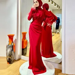 Modest Arabic Muslim Evening Dresses 2024 High Neck Long Sleeve Mermaid Formal Party Gown Long Red Elegant Prom Dress