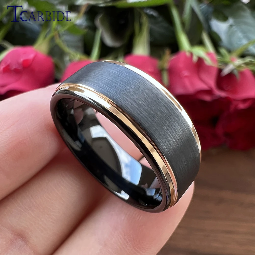 8MM Black Rose Gold Color Men Women Tungsten Wedding Ring Stepped Brushed Finish Trendy Gift Jewelry Comfort Fit