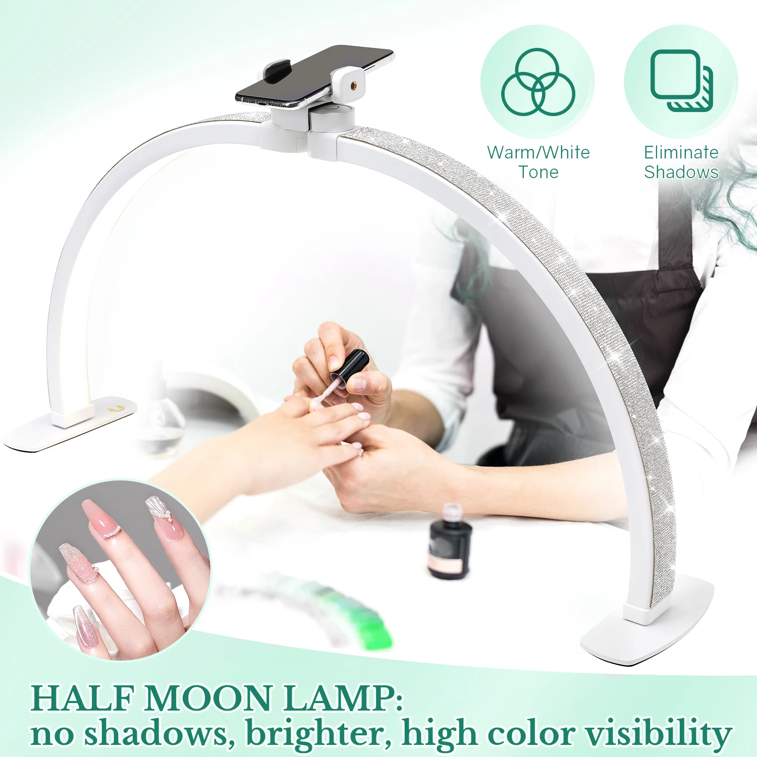 Lampada da tavolo per unghie 3000-6500K con lampada da scrivania per manicure con diamante con telecomando LED mezza luna per unghie artistiche salone di tatuaggi ciglia