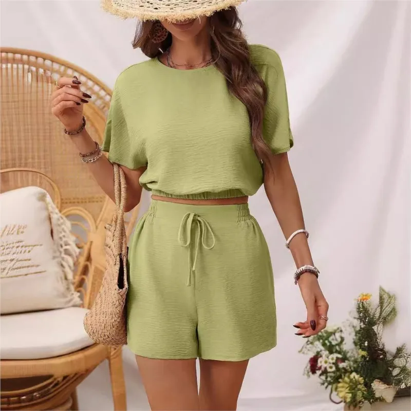 Spring And Summer Fashion Women's Orange Round Neck Short Sleeved Simple Elastic Top Casual Shorts Two-piece Set  여성여름세트