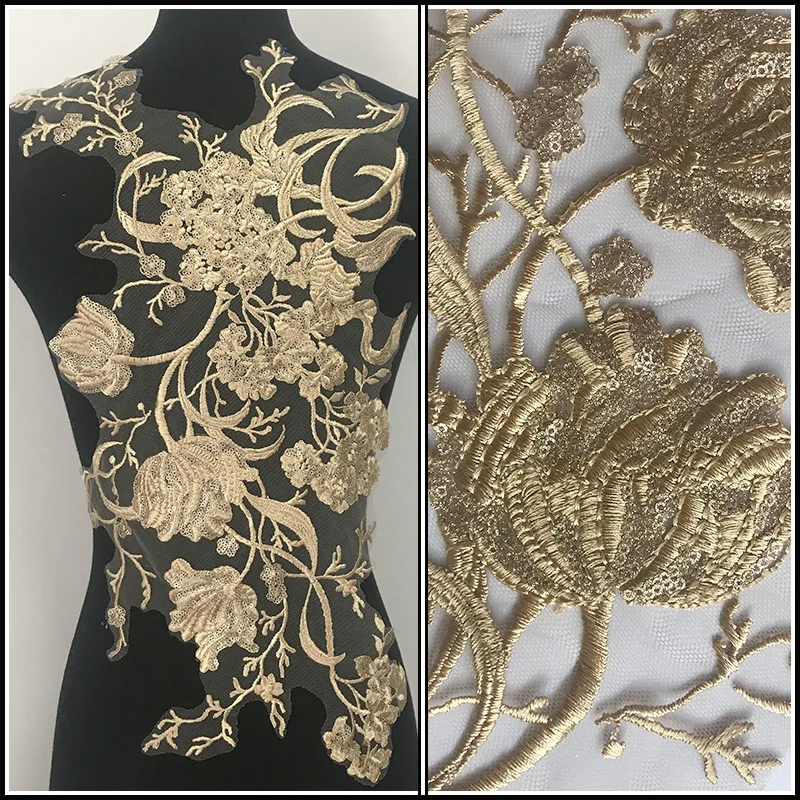 1Pc Golden Flower Embroidery Patch Mesh Fabric African Lace Applique Sew Wedding Dress Clothes Decoration Diy