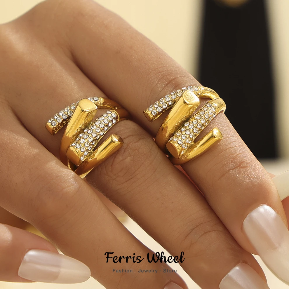 Y Shape Designer Chic Stainless Steel Rings For Women White CZ Gold Plated Finger Ring Charm Waterproof Jewelry Gift