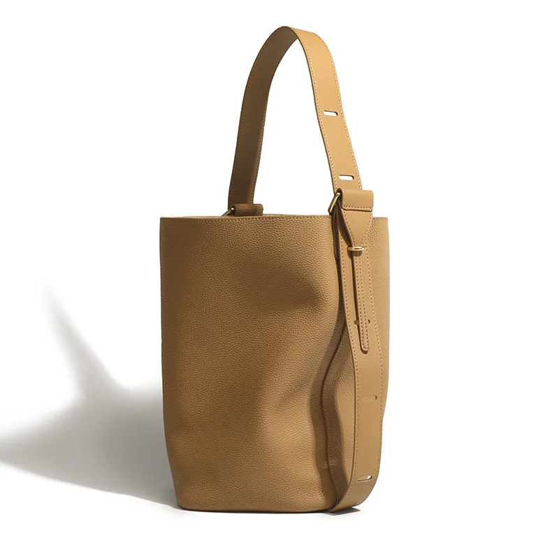 

Genuine leather bucket bag 2025 new niche design large capacity commuter one-shoulder crossbody bag fashionable ladies tote bag