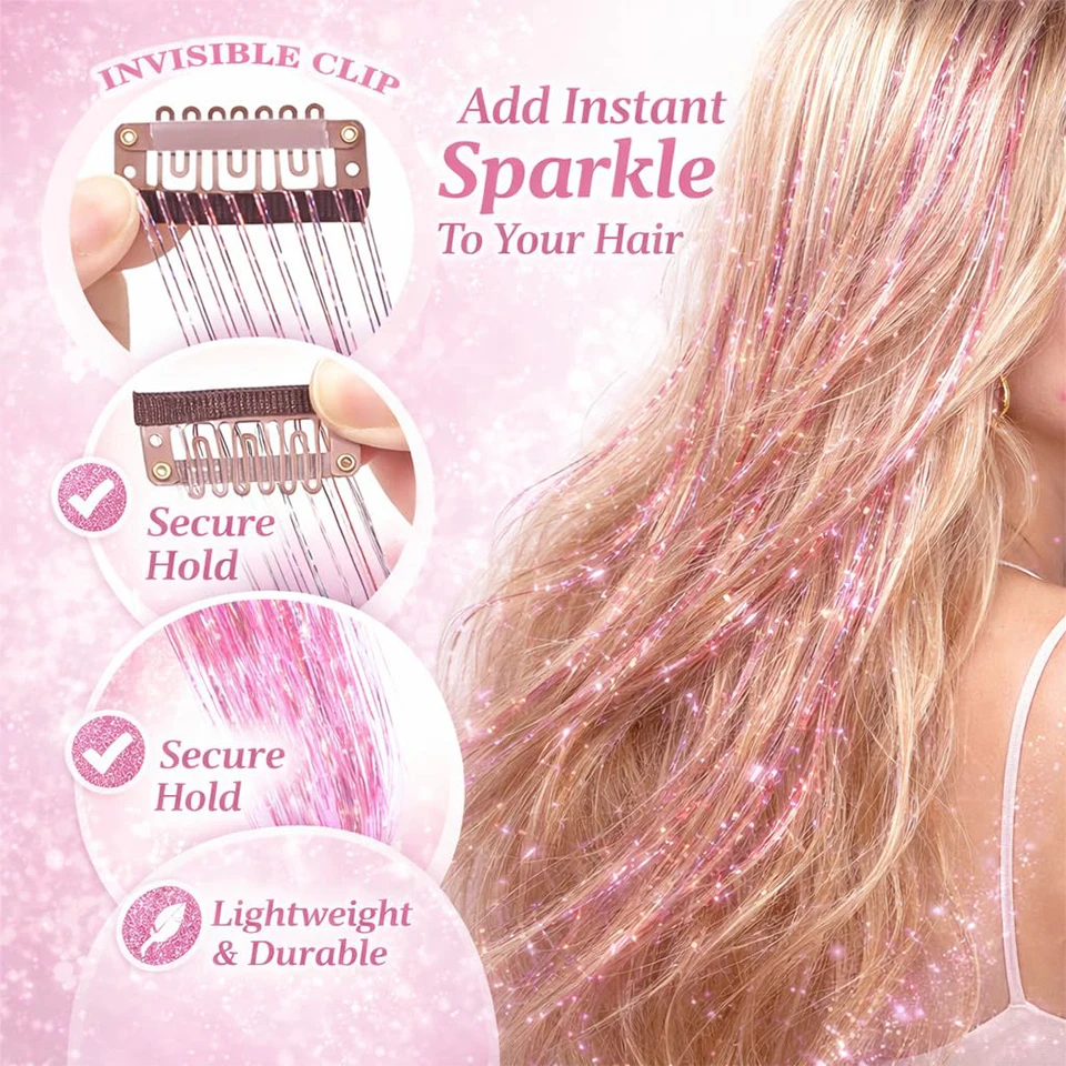 Paquete de 12 tinsel para cabello, accesorios brillantes de colores con clip, extensiones sintéticas 3